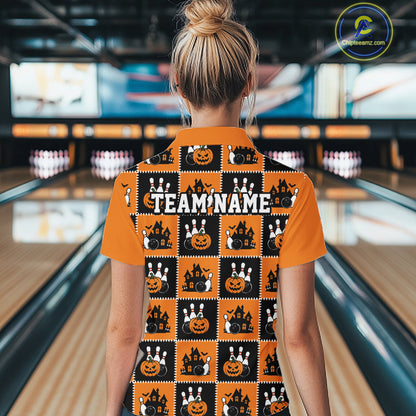Custom Black And Orange Halloween Bowling Patwork Bowling Team Women Quarter-Zip Shirt IPHW11933