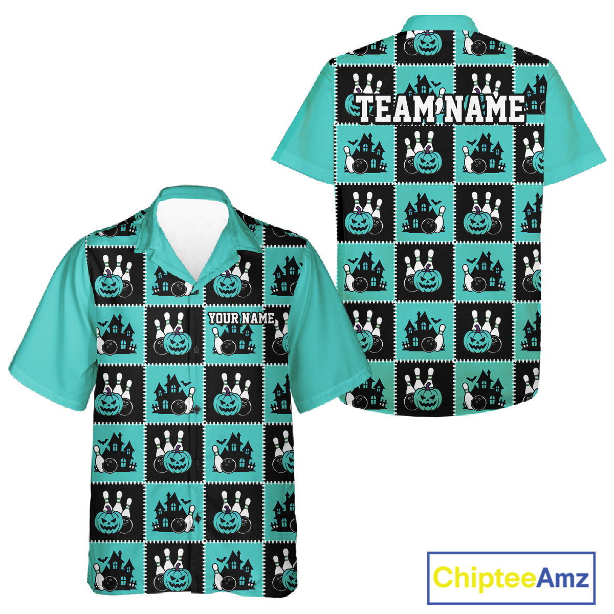 Custom Black And Turquoise Blue Halloween Bowling Patwork Bowling Team Men And Women Button Up Shirt IPHW11934