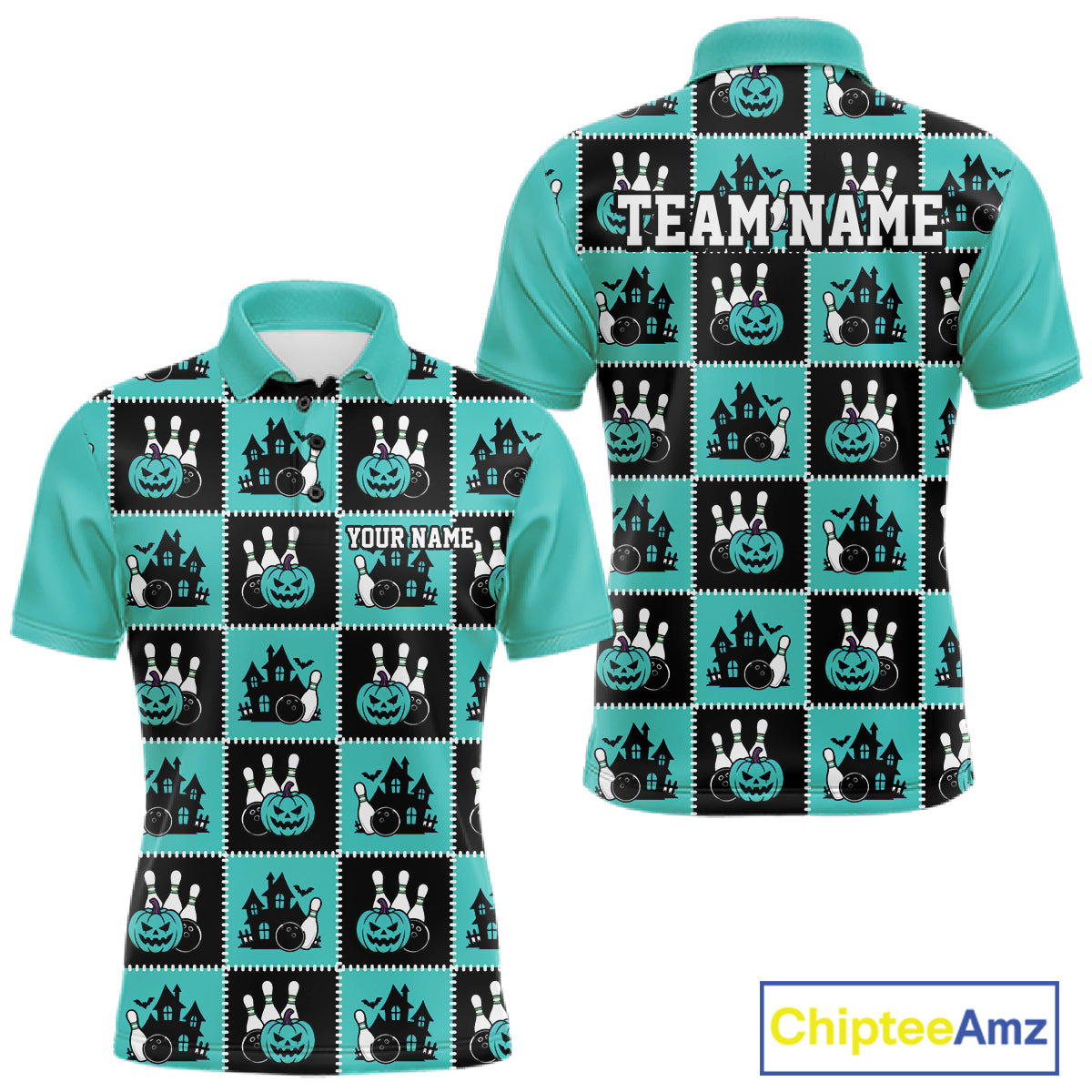 Custom Black And Turquoise Blue Halloween Bowling Patwork Bowling Team Men Polo Shirt IPHW11934