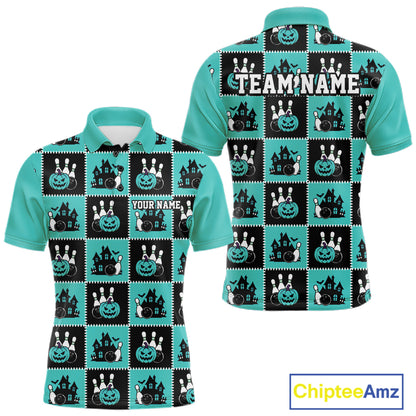 Custom Black And Turquoise Blue Halloween Bowling Patwork Bowling Team Men Polo Shirt IPHW11934