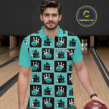 Custom Black And Turquoise Blue Halloween Bowling Patwork Bowling Team Men Polo Shirt IPHW11934