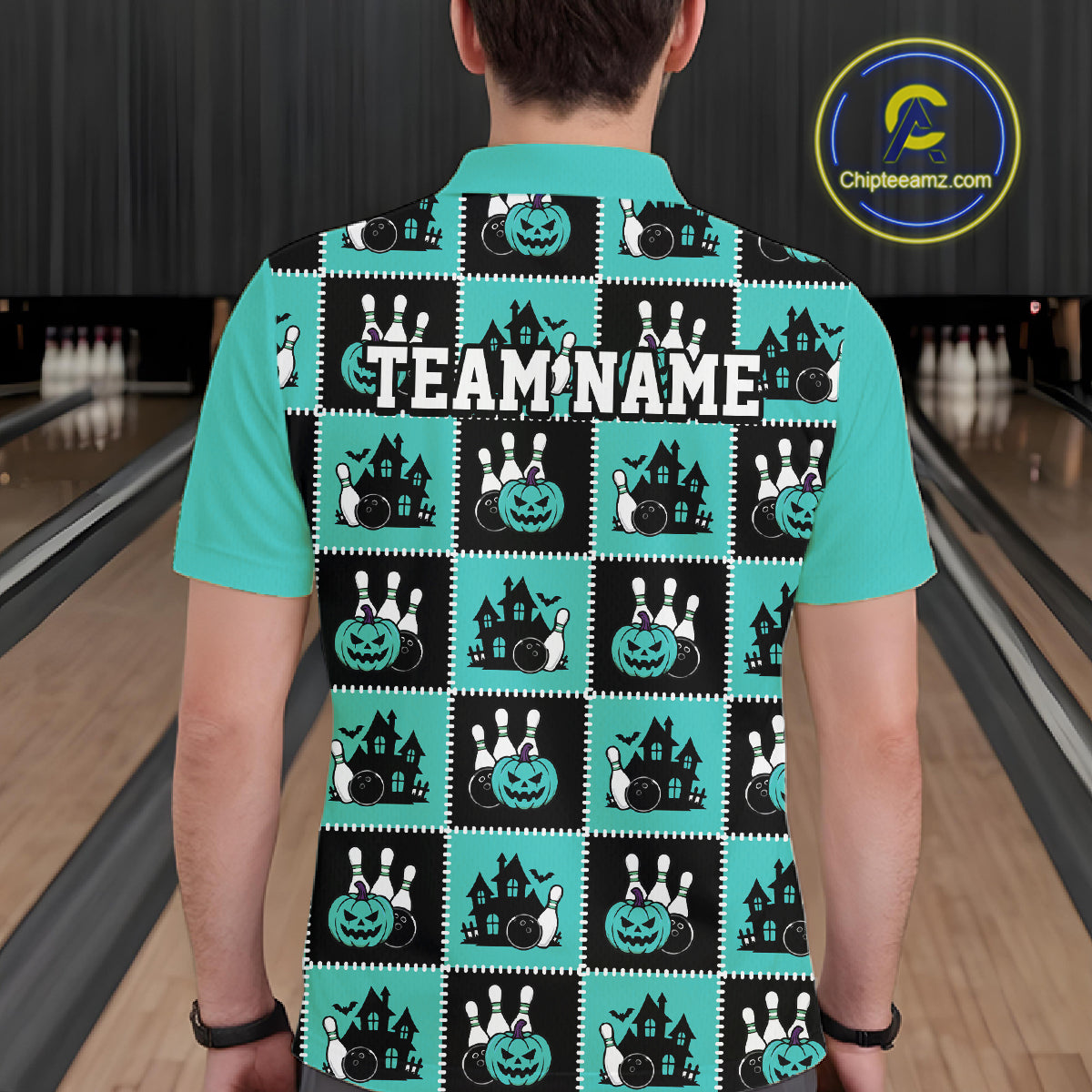 Custom Black And Turquoise Blue Halloween Bowling Patwork Bowling Team Men Polo Shirt IPHW11934