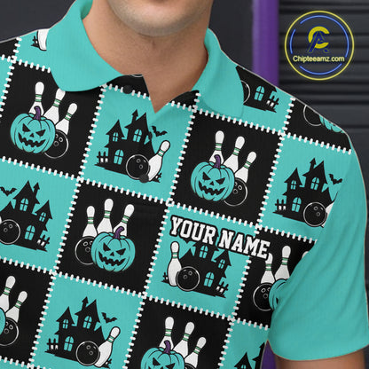 Custom Black And Turquoise Blue Halloween Bowling Patwork Bowling Team Men Polo Shirt IPHW11934