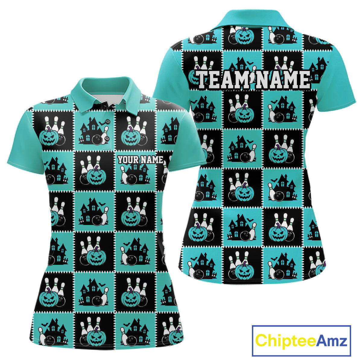 Custom Black And Turquoise Blue Halloween Bowling Patwork Bowling Team Women Polo Shirt IPHW11934