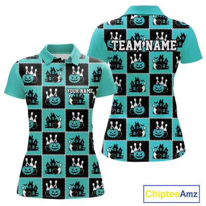 Custom Black And Turquoise Blue Halloween Bowling Patwork Bowling Team Women Polo Shirt IPHW11934