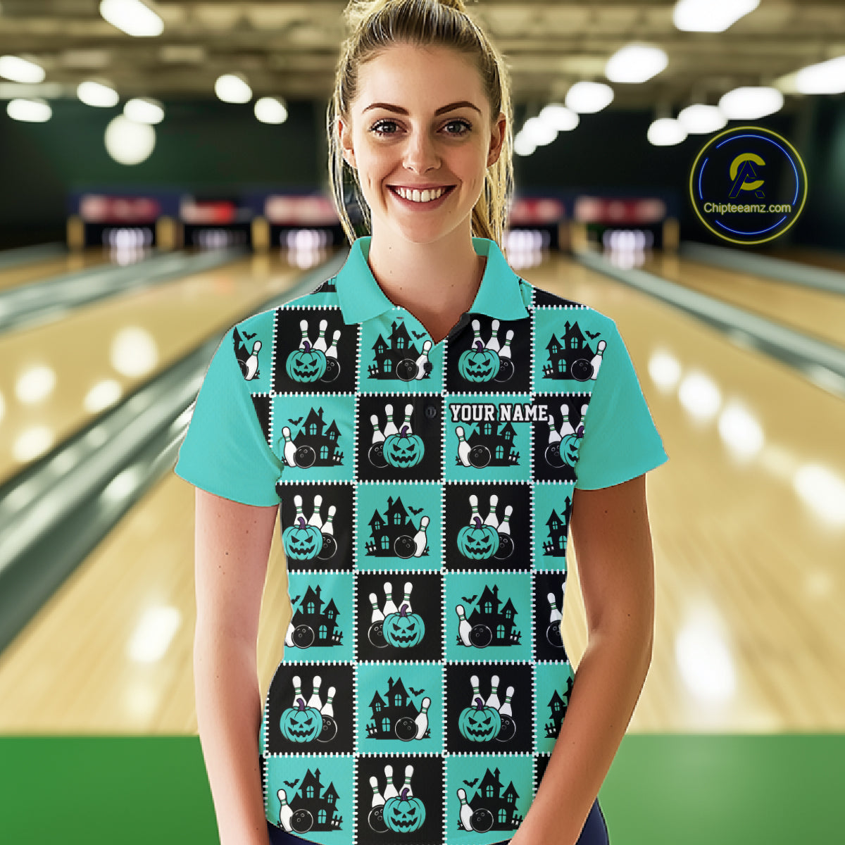 Custom Black And Turquoise Blue Halloween Bowling Patwork Bowling Team Women Polo Shirt IPHW11934