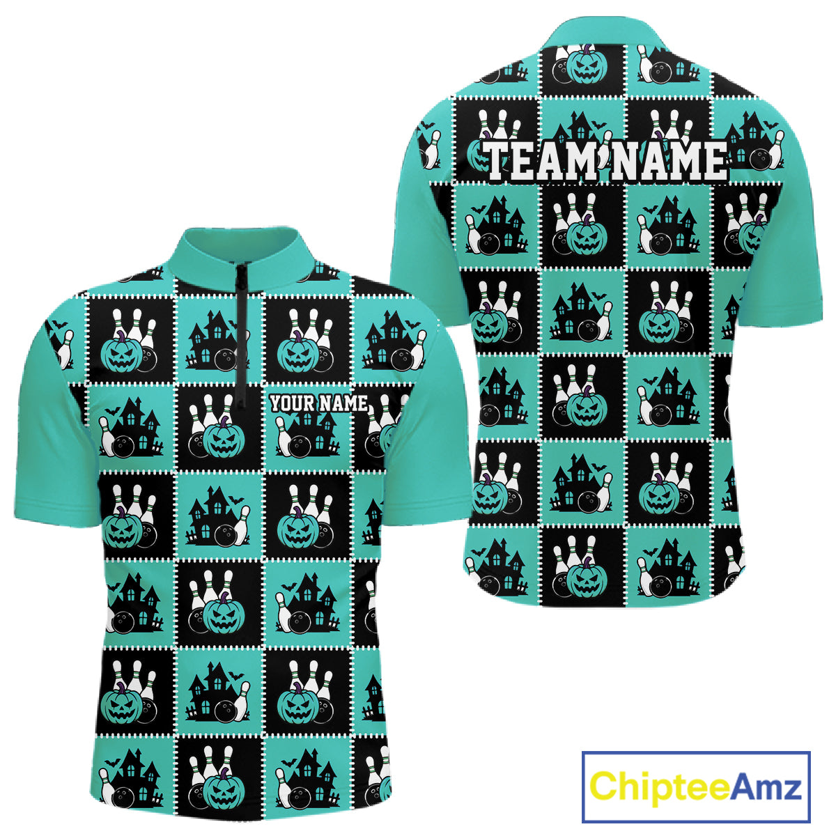 Custom Black And Turquoise Blue Halloween Bowling Patwork Bowling Team Men Quarter Zip Shirt IPHW11934