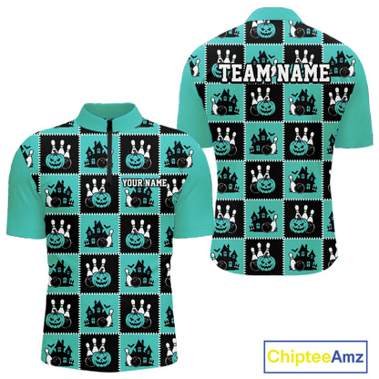 Custom Black And Turquoise Blue Halloween Bowling Patwork Bowling Team Men Quarter Zip Shirt IPHW11934