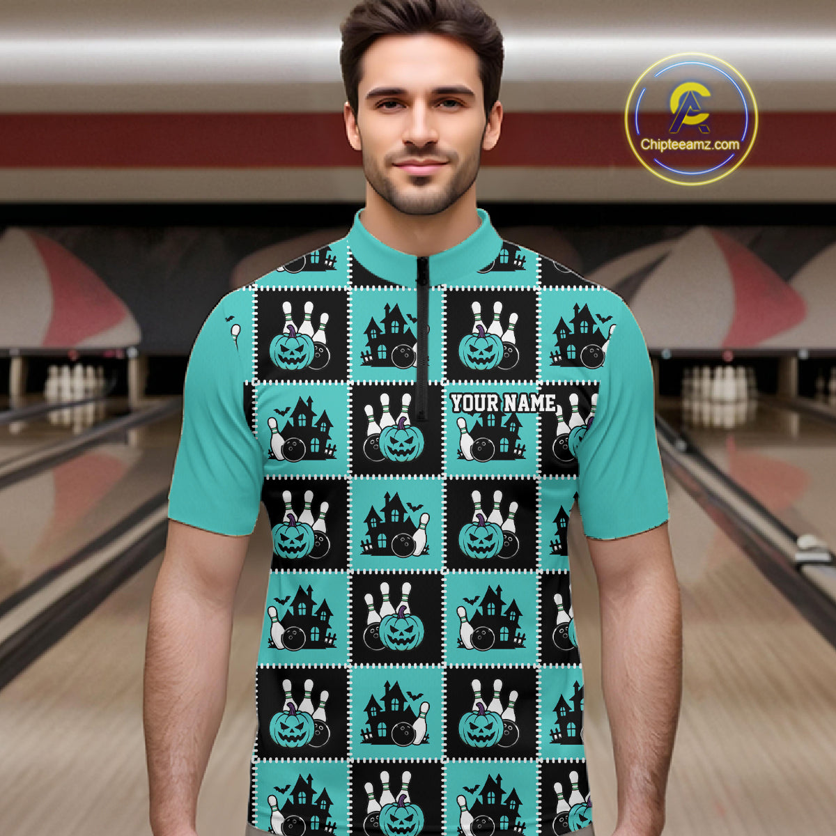 Custom Black And Turquoise Blue Halloween Bowling Patwork Bowling Team Men Quarter Zip Shirt IPHW11934