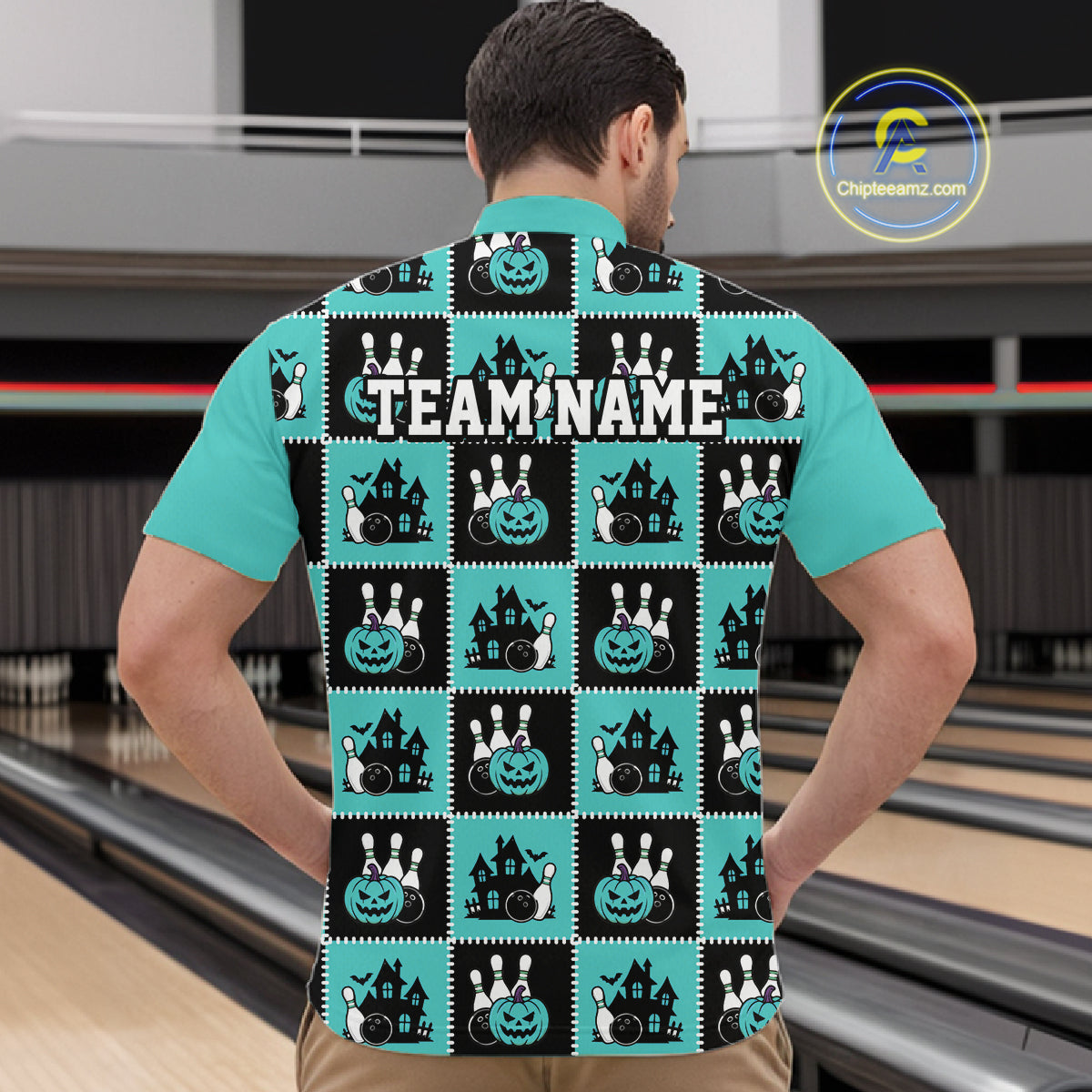 Custom Black And Turquoise Blue Halloween Bowling Patwork Bowling Team Men Quarter Zip Shirt IPHW11934