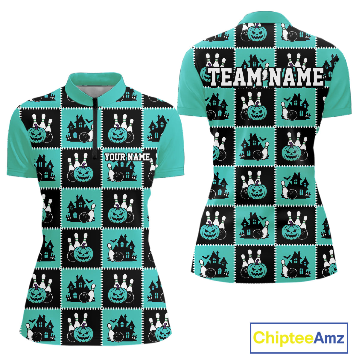Custom Black And Turquoise Halloween Bowling Patwork Bowling Women Quarter-Zip Shirt IPHW11934