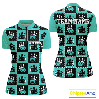 Custom Black And Turquoise Halloween Bowling Patwork Bowling Women Quarter-Zip Shirt IPHW11934