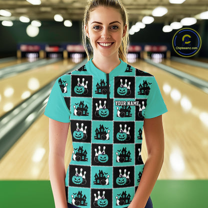 Custom Black And Turquoise Halloween Bowling Patwork Bowling Women Quarter-Zip Shirt IPHW11934