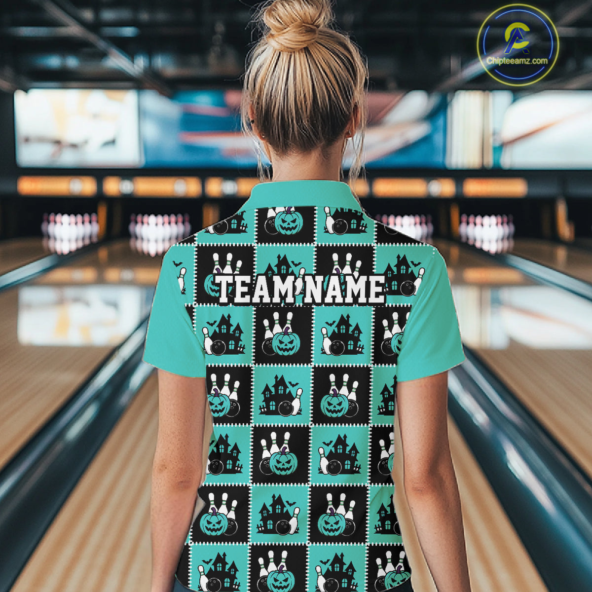 Custom Black And Turquoise Halloween Bowling Patwork Bowling Women Quarter-Zip Shirt IPHW11934