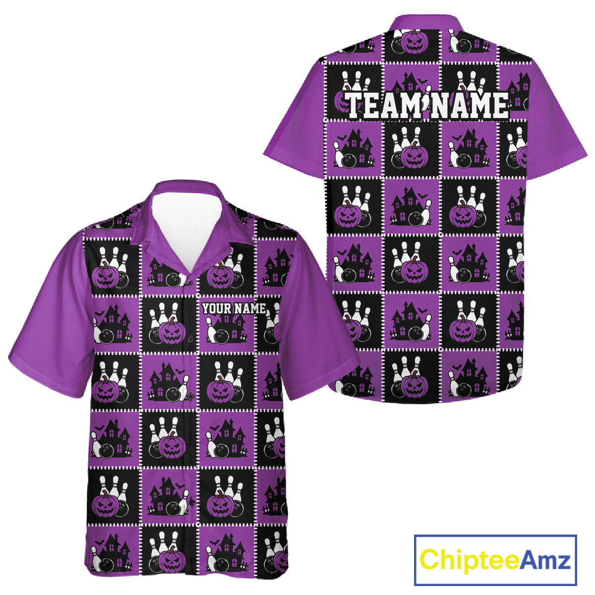 Custom Black And Purple Halloween Bowling Patwork Bowling Team Men And Women Button Up Shirt IPHW11935