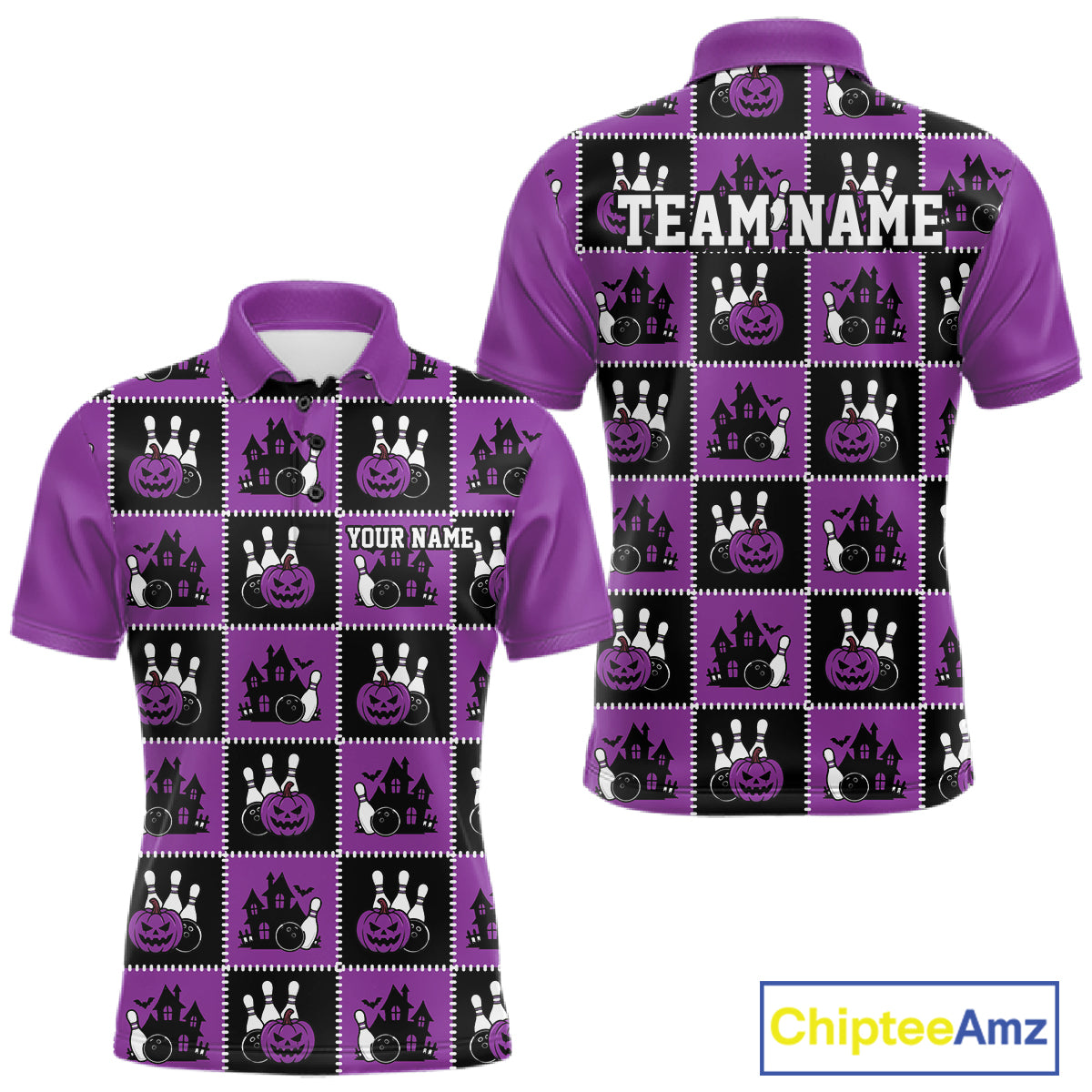 Custom Black And Purple Halloween Bowling Patwork Bowling Team Men Polo Shirt IPHW11935