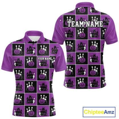 Custom Black And Purple Halloween Bowling Patwork Bowling Team Men Polo Shirt IPHW11935