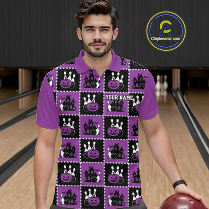 Custom Black And Purple Halloween Bowling Patwork Bowling Team Men Polo Shirt IPHW11935