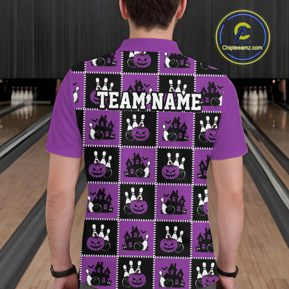 Custom Black And Purple Halloween Bowling Patwork Bowling Team Men Polo Shirt IPHW11935