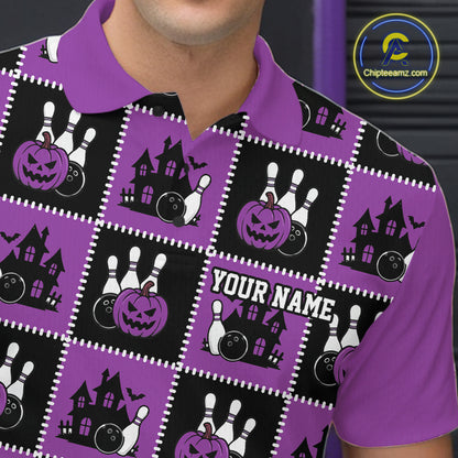 Custom Black And Purple Halloween Bowling Patwork Bowling Team Men Polo Shirt IPHW11935