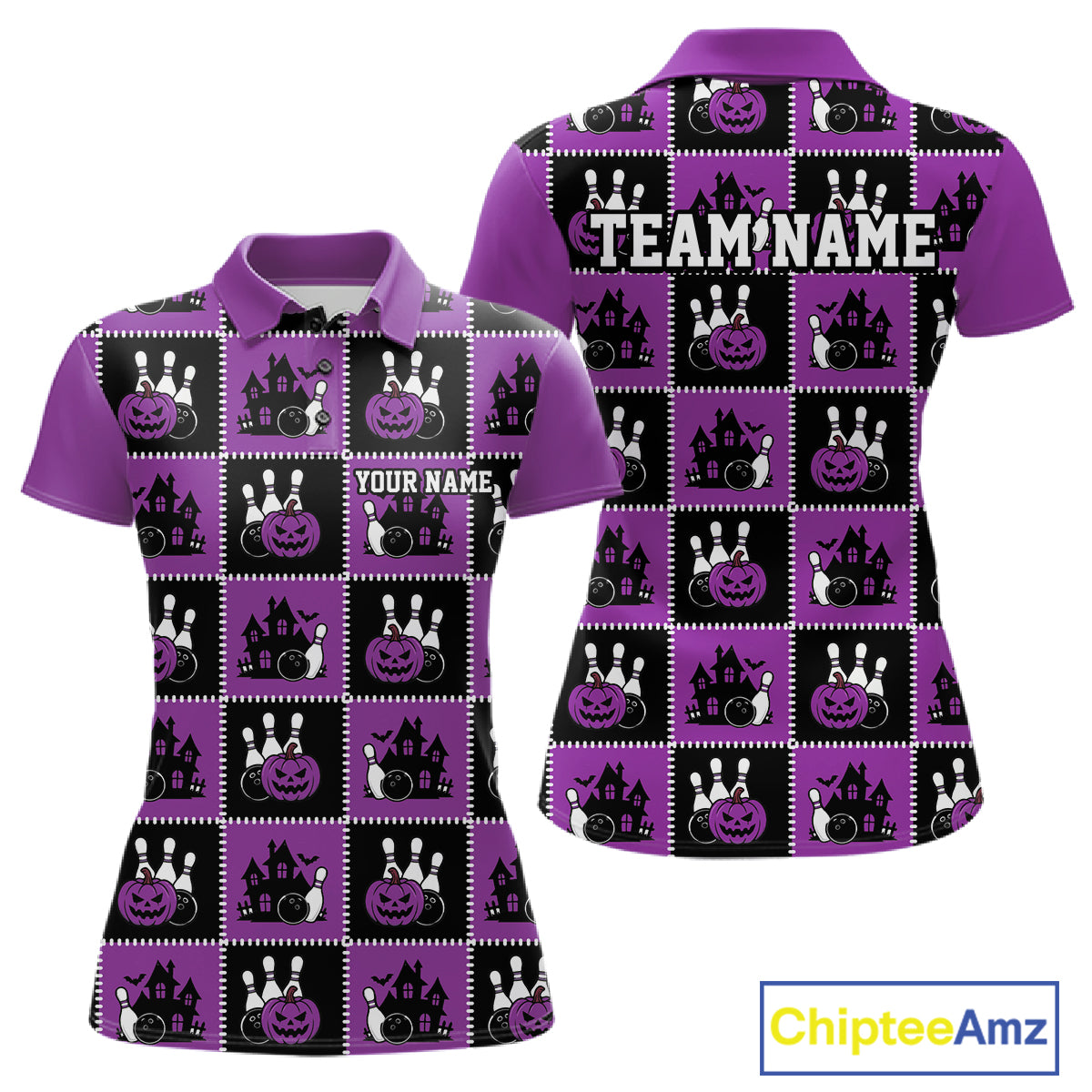 Custom Black And Purple Halloween Bowling Patwork Bowling Team Women Polo Shirt IPHW11935