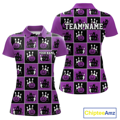 Custom Black And Purple Halloween Bowling Patwork Bowling Team Women Polo Shirt IPHW11935