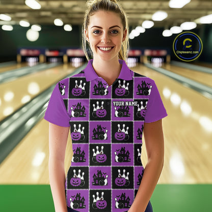 Custom Black And Purple Halloween Bowling Patwork Bowling Team Women Polo Shirt IPHW11935