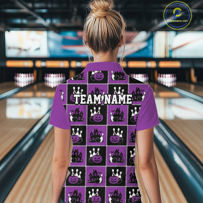 Custom Black And Purple Halloween Bowling Patwork Bowling Team Women Polo Shirt IPHW11935