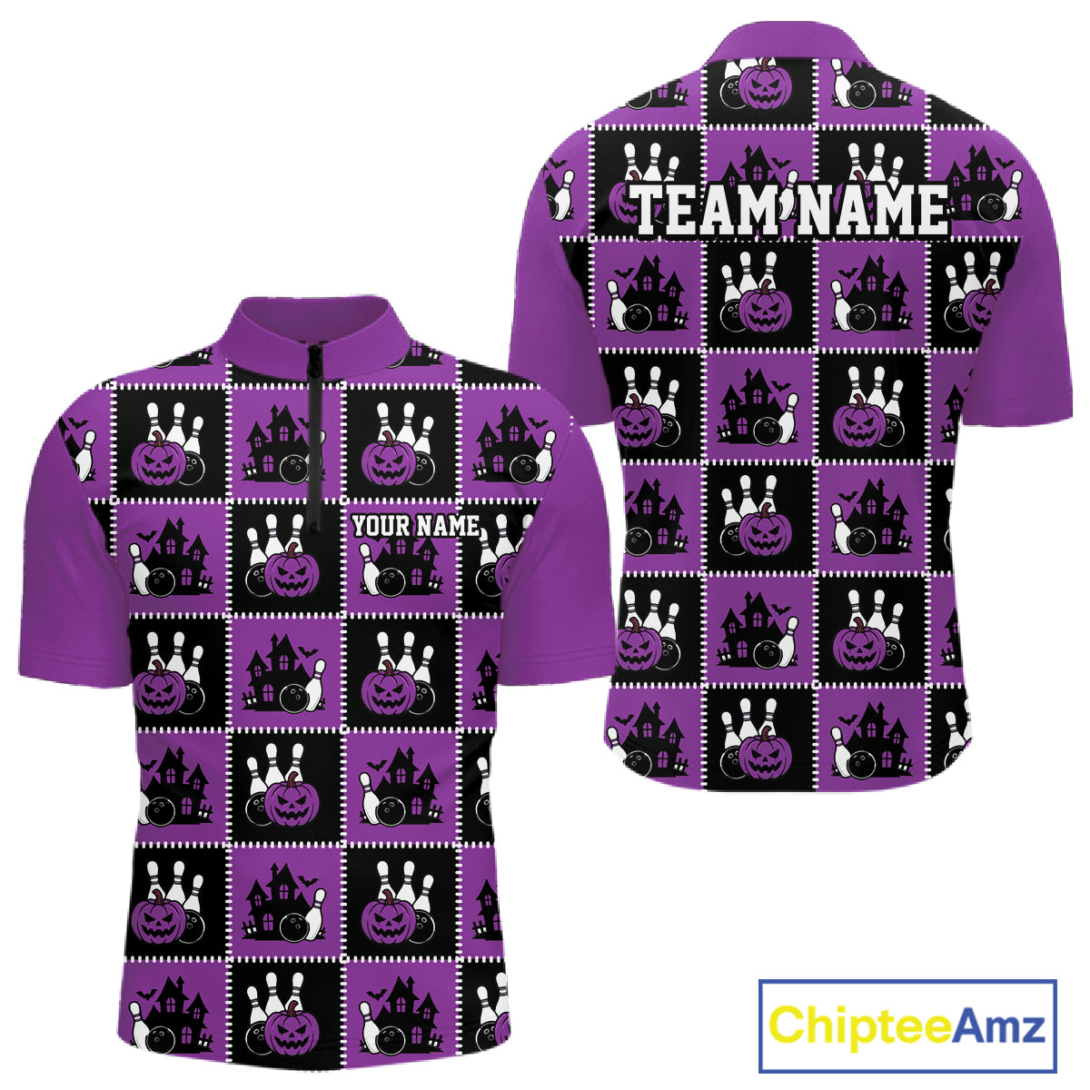 Custom Black And Purple Halloween Bowling Patwork Bowling Team Men Quarter Zip Shirt IPHW11935