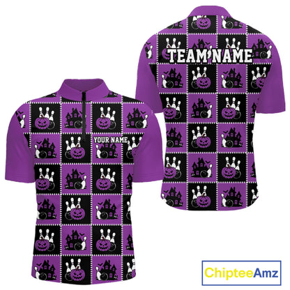 Custom Black And Purple Halloween Bowling Patwork Bowling Team Men Quarter Zip Shirt IPHW11935