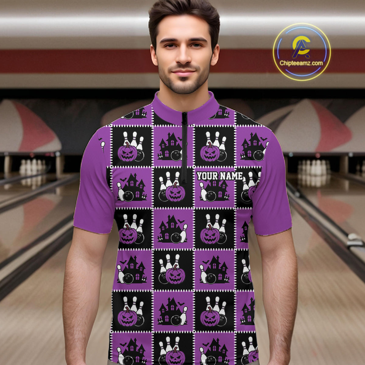 Custom Black And Purple Halloween Bowling Patwork Bowling Team Men Quarter Zip Shirt IPHW11935