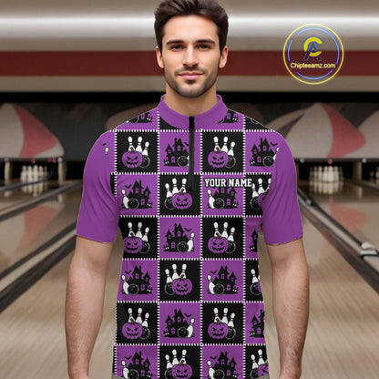 Custom Black And Purple Halloween Bowling Patwork Bowling Team Men Quarter Zip Shirt IPHW11935