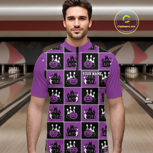 Custom Black And Purple Halloween Bowling Patwork Bowling Team Men Quarter Zip Shirt IPHW11935