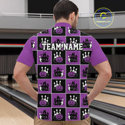 Custom Black And Purple Halloween Bowling Patwork Bowling Team Men Quarter Zip Shirt IPHW11935