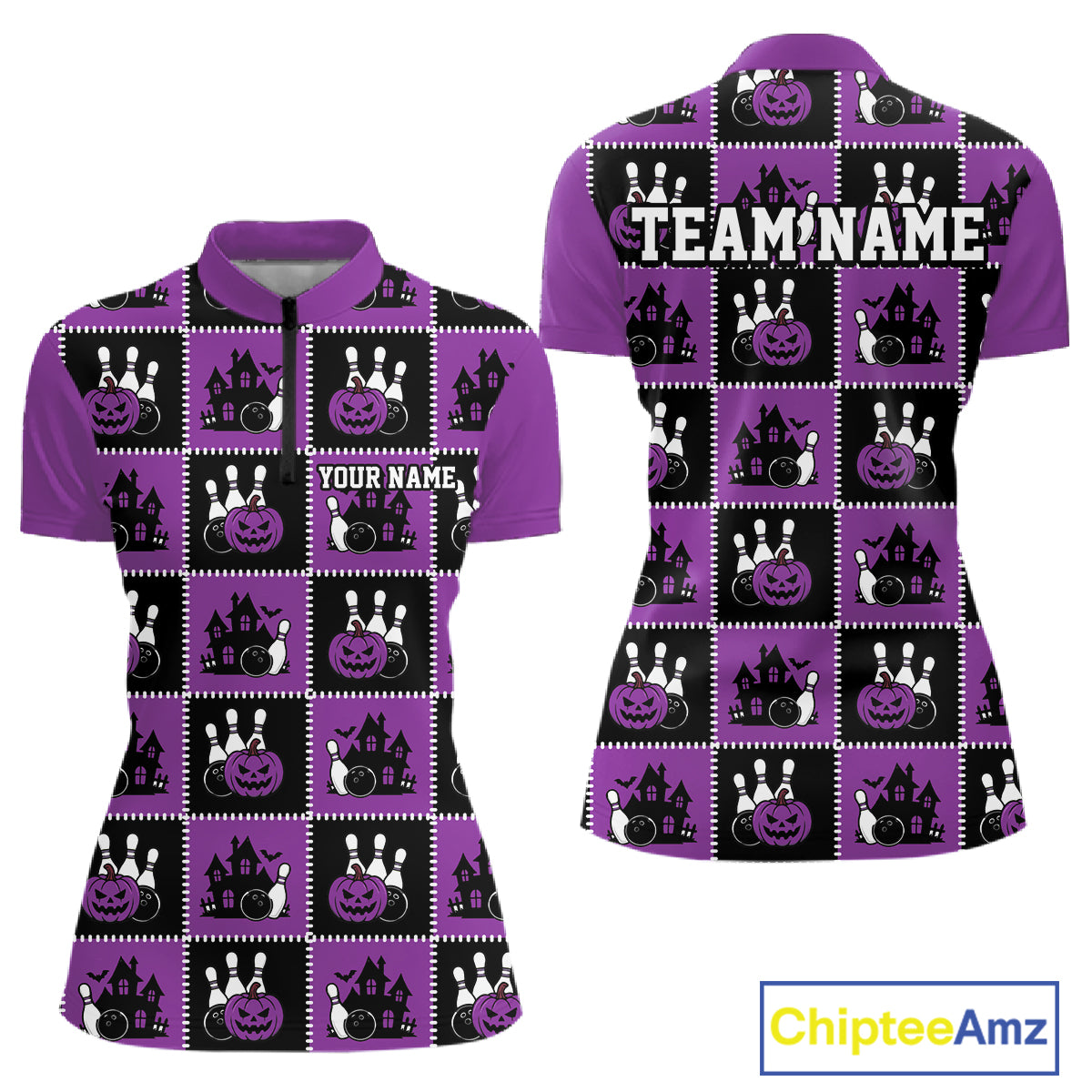 Custom Black And Purple Halloween Bowling Patwork Bowling Team Women Quarter-Zip Shirt IPHW11935