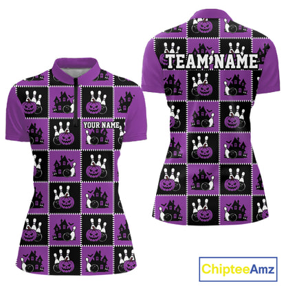 Custom Black And Purple Halloween Bowling Patwork Bowling Team Women Quarter-Zip Shirt IPHW11935
