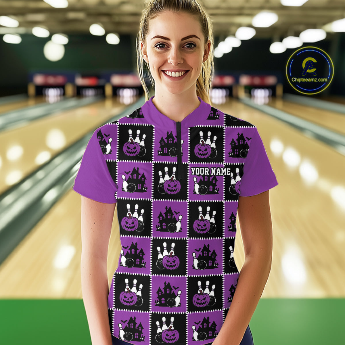 Custom Black And Purple Halloween Bowling Patwork Bowling Team Women Quarter-Zip Shirt IPHW11935