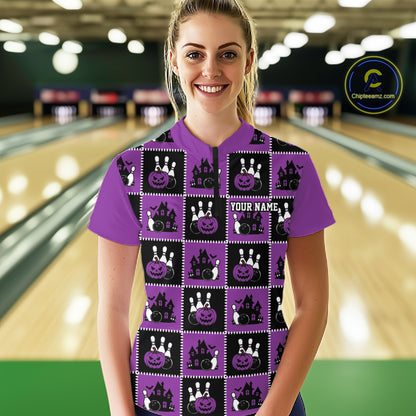 Custom Black And Purple Halloween Bowling Patwork Bowling Team Women Quarter-Zip Shirt IPHW11935