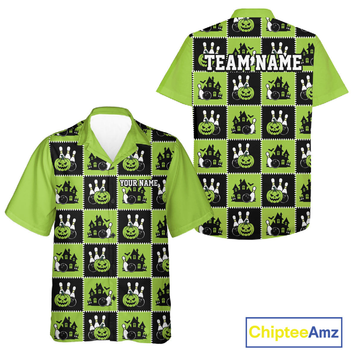 Custom Black And Green Halloween Bowling Patwork Bowling Team Men And Women Button Up Shirt IPHW11936