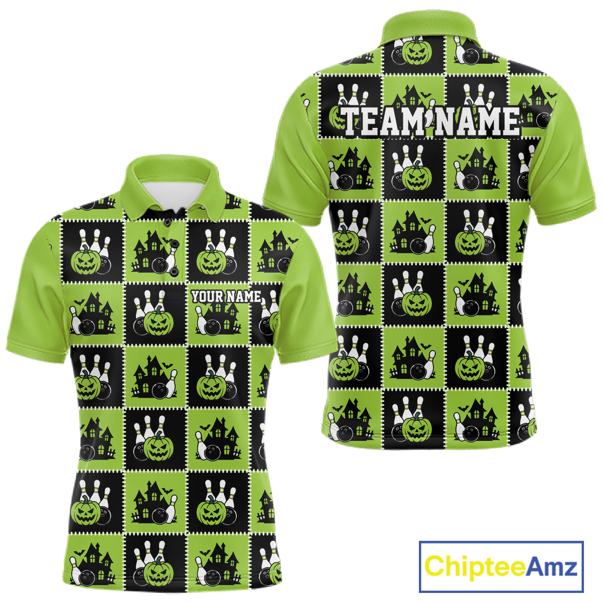 Custom Black And Green Halloween Bowling Patwork Bowling Team Men Polo Shirt IPHW11936