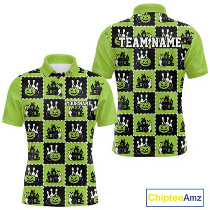 Custom Black And Green Halloween Bowling Patwork Bowling Team Men Polo Shirt IPHW11936