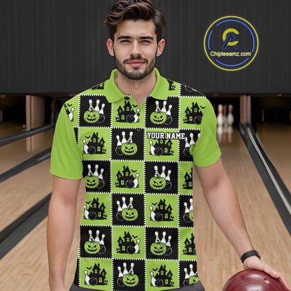 Custom Black And Green Halloween Bowling Patwork Bowling Team Men Polo Shirt IPHW11936