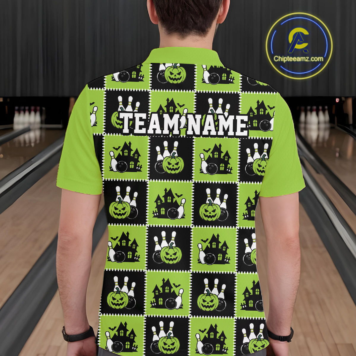 Custom Black And Green Halloween Bowling Patwork Bowling Team Men Polo Shirt IPHW11936