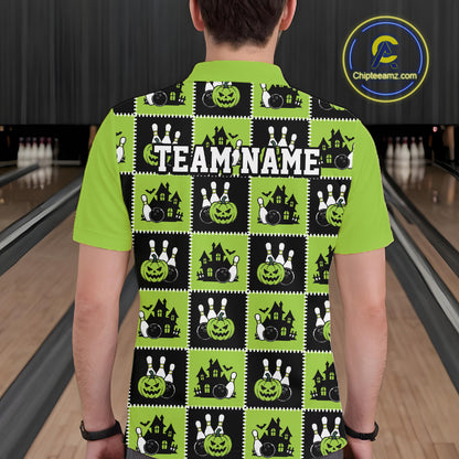 Custom Black And Green Halloween Bowling Patwork Bowling Team Men Polo Shirt IPHW11936