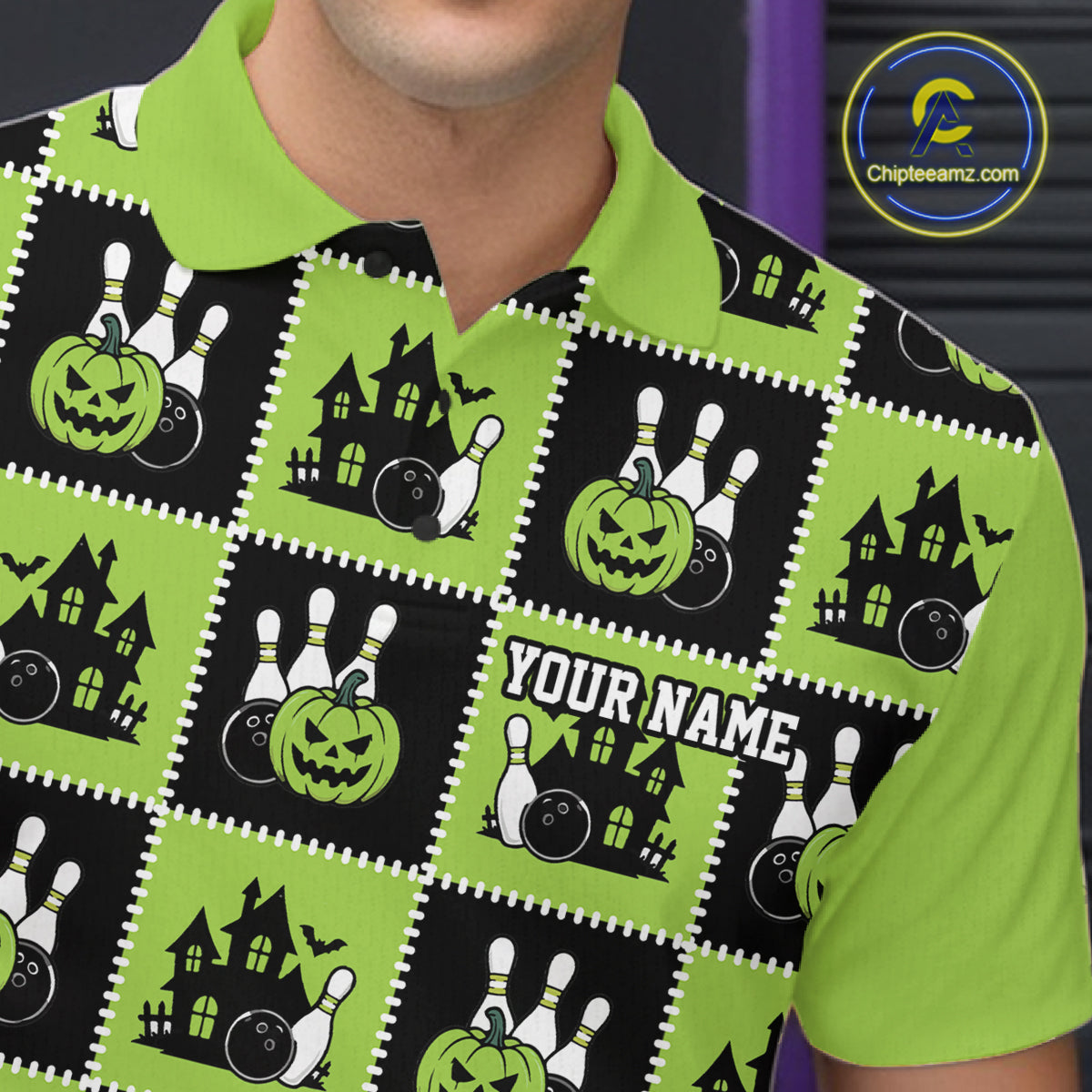 Custom Black And Green Halloween Bowling Patwork Bowling Team Men Polo Shirt IPHW11936