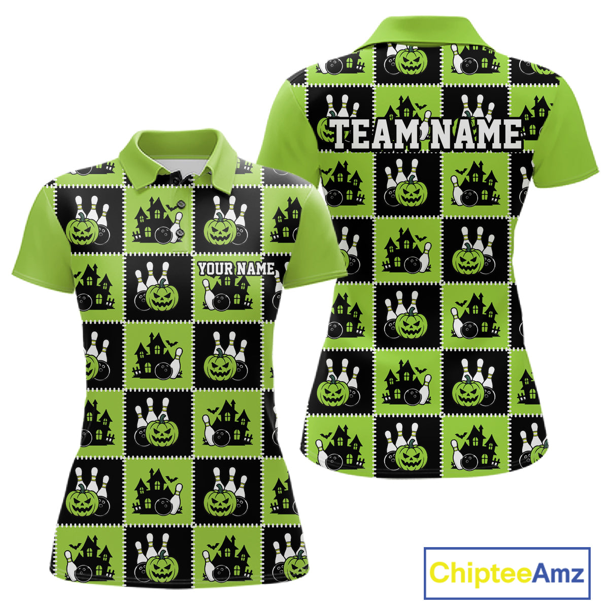 Custom Black And Green Halloween Bowling Patwork Bowling Team Women Polo Shirt IPHW11936