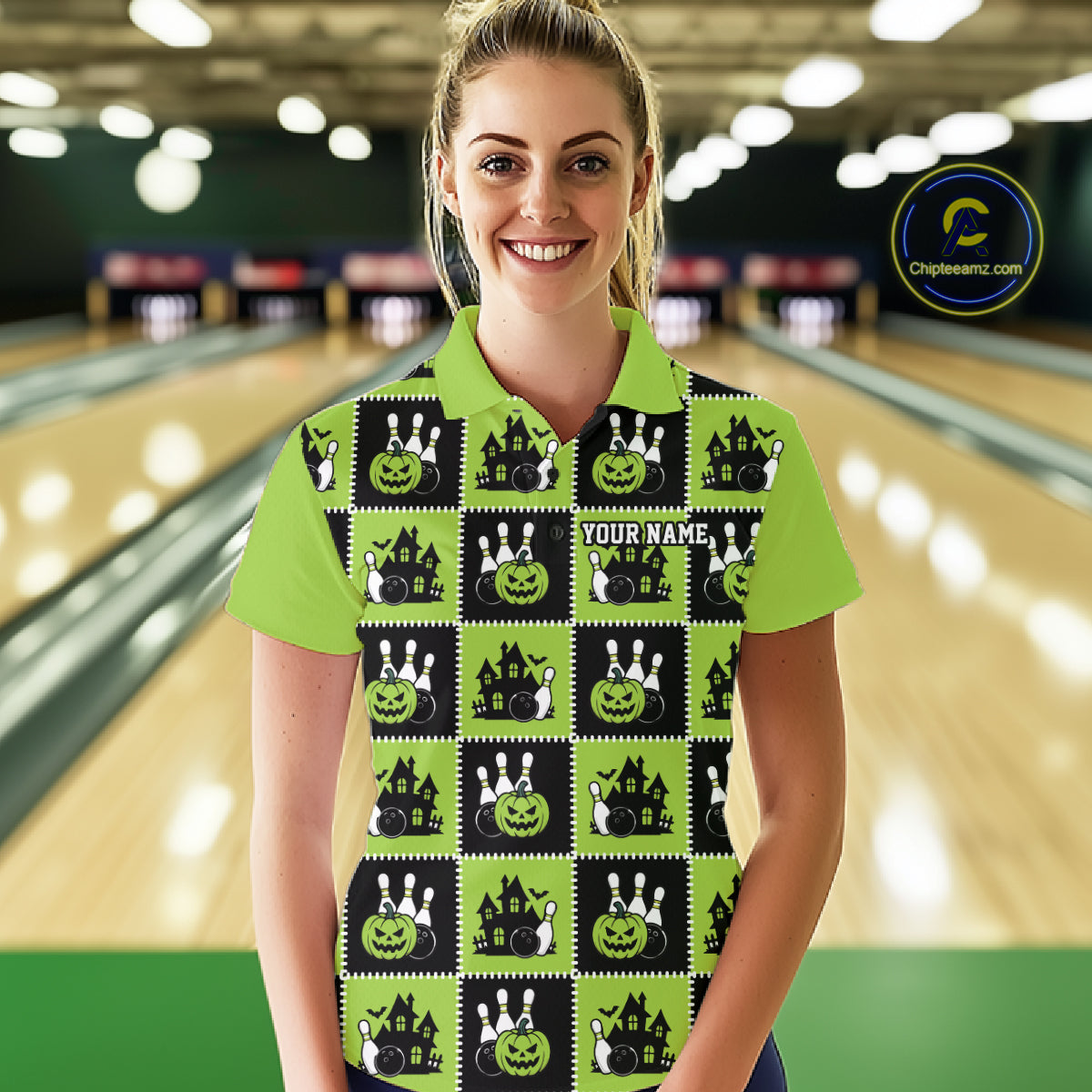 Custom Black And Green Halloween Bowling Patwork Bowling Team Women Polo Shirt IPHW11936