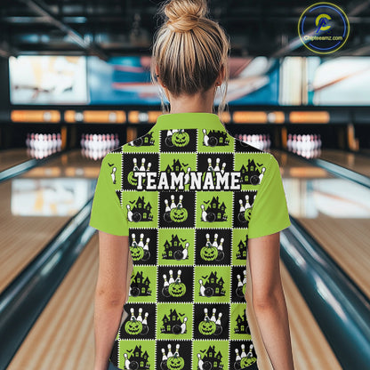 Custom Black And Green Halloween Bowling Patwork Bowling Team Women Polo Shirt IPHW11936