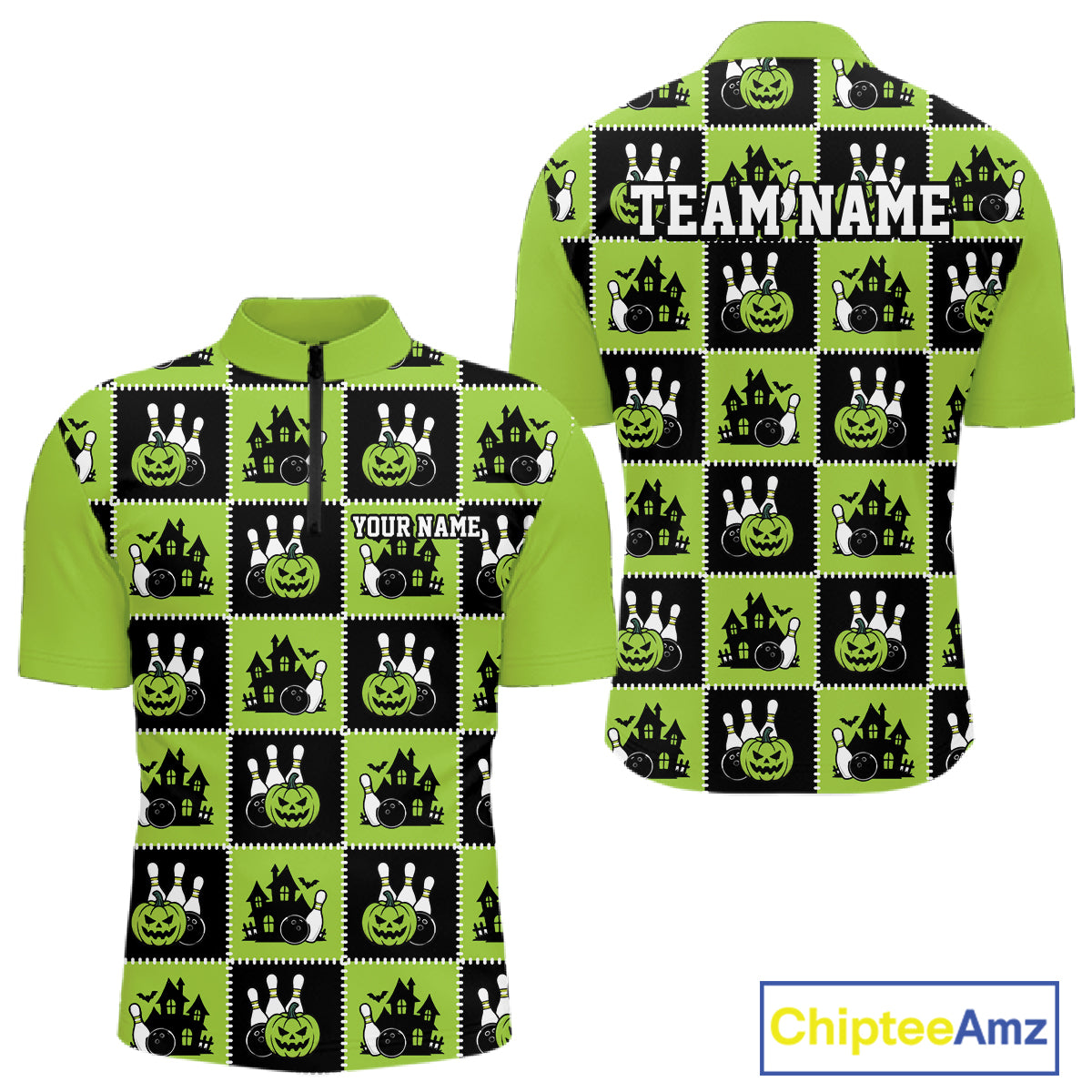 Custom Black And Green Halloween Bowling Patwork Bowling Team Men Quarter Zip Shirt IPHW11936