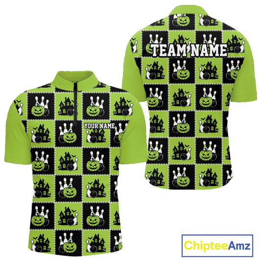 Custom Black And Green Halloween Bowling Patwork Bowling Team Men Quarter Zip Shirt IPHW11936